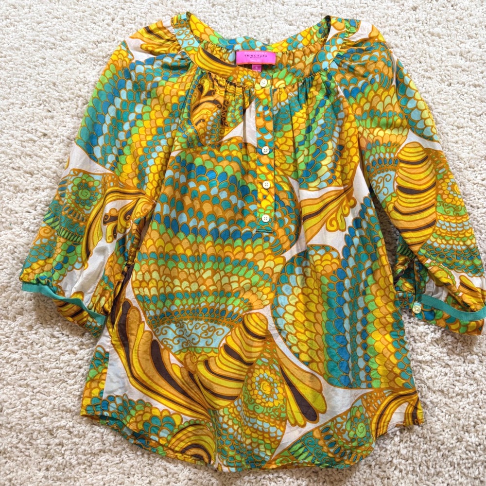 Banana Republic x Trina Turk Silk Blend Peacock Print Blouse 6 Boho Tropical